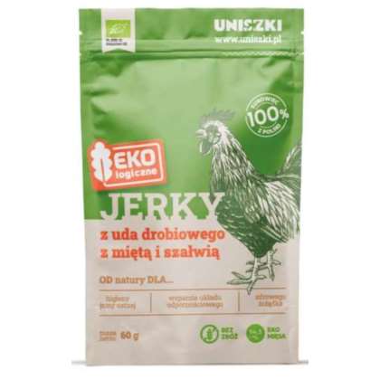 EKOLOGICZNE JERKY Z UDA DROBIOWEGO Z MIĘTĄ 60g EKOLOGICZNE JERKY Z UDA DROBIOWEGO Z MIĘTĄ 60g