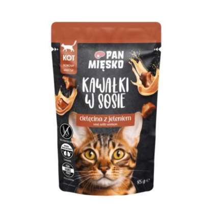 Kawałki w sosie Cielęcina z jeleniem dla kota 85gr Kawałki w sosie Cielęcina z jeleniem dla kota 85gr